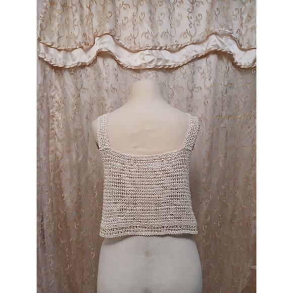 Crochet Bohemian Half Top Womens Sz L Beige Semi Sheer Cropped Festival Coquette - Picture 11 of 16
